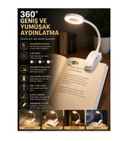 360° Klipsli LED Kitap Arası Okuma Lambası Şarjlı Dokunmatik 3 Işık Modlu Masa ve Seyahat Gece Lambası