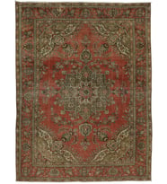 Kırmızı Halı Vintage Stil Madalyon Göbekli El Dokuma Salon Halısı Mat Dokulu Eskitme
