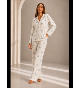 Night Kadın Önden Düğmeli Uzun Kollu Alt Üst Pijama Takımı