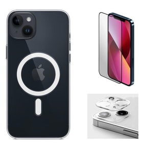 Vendas iPhone 14 Uyumlu ( iPhone 14 ) Magsafe Şarj Destekli Darbe Dirençli Fit Hard Silikon Kılıf + Kamera Lens + Cam Ekran Koruyucu (Renksiz)