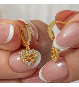 925 Ayar Gümüş Gold Kaplama Kalp ve Kurdele Tasarımlı İnci Detaylı Küpe