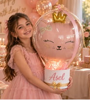 Kız Çocuklarına Özel İsimli Pembe Kedi Balon Kutusu – Çift Kurdeleli Tasarım Kıza Yeğene Toruna Arkadaşa Hediye