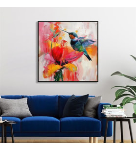 Yağlı Boya Dokulu Tablo Modern Renkli Sinek Kuşu Siyah Çerçeveli U04030