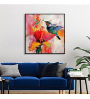 Yağlı Boya Dokulu Tablo Modern Renkli Sinek Kuşu Siyah Çerçeveli U04030