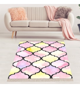 Pembe Damla Desenli Dijital Baskı Yıkanabilir Kaymaz Taban Leke Tutmaz Modern Salon Halısı Yolluk