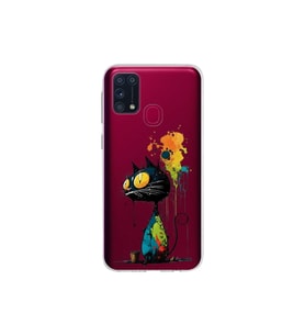 Samsung Galaxy M31 ile Uyumlu Splash Kedi Tasarımlı Şeffaf Silikon Kılıf