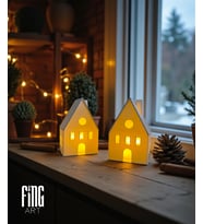 Minimalist Kış Evleri 2li Set, Tealight Mum Işıklı Dekoratif Evler, Yılbaşı Süs Dekoru (Beyaz)