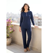 Kadın Pamuklu Uzun Kollu Üç Düğmeli Biyeli Soft Örme Pijama Takımı Lacivert