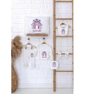 Pia Baby Premium %100 Pamuk İsme Özel Kız Bebek Hediye Seti Zıbın Yastık Kılıfı 5062-06 (Ekru)