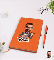 BK Gift Kişiye Özel Erkek Patron Karikatürlü Turuncu Termo Deri Defter Kalem Seti Model 3