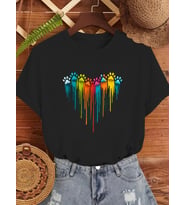 Unisex Sevimli Kedi Patili Kalp Tasarım Basklı Tshirt (Siyah)