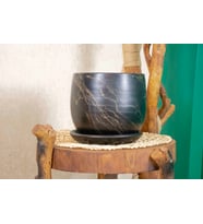 BİTKİ TASARIMI EV DEKORASYON  SİYAH ÜZERİ GOLD TABAKLI TERRACOTA TOPRAK SAKSI SAKSILIK SALON ÇİÇEKLİK 19 CM