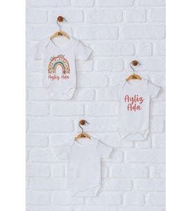 Pia Baby Premium %100 Pamuk İsme Özel Organik Baskılı Üçlü Set Çıtçıtlı Bebek Body Zıbın Modelleri 5022-18 (Ekru)