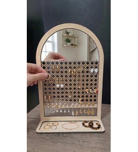 Ahşap Aynalı Küpe Standı,Rattan Desenli Takı Standı, Takı Organizeri