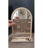 Ahşap Aynalı Küpe Standı,Rattan Desenli Takı Standı, Takı Organizeri