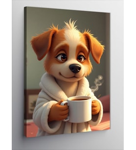 Kanvas Tablo Pijama Giyen Kahve İçen Yavru Köpek