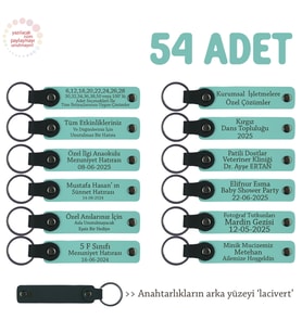 Dershaneler İçin Öğrencilere Hediye 54'lü Set, Marka Yazılı Hatıra Deri Anahtarlık, Turkuaz & Laci