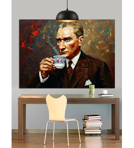 Fincanla Çay İçen Atatürk Dekoratif Kanvas - Mdf Ahşap Tablo