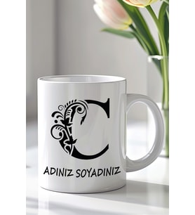 Kişiselleştirilebilir C Harfi Tasarımlı 330ml Baskılı Beyaz Seramik Kupa Bardak (Siyah Beyaz Baskili)
