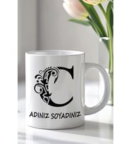 Kişiselleştirilebilir C Harfi Tasarımlı 330ml Baskılı Beyaz Seramik Kupa Bardak (Siyah Beyaz Baskili)