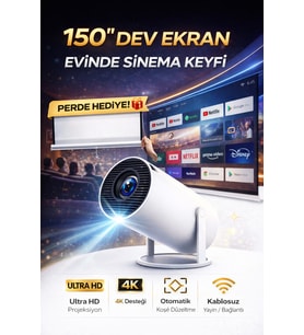 Taşınabilir Android Projektör, WiFi Destekli, 4K Ultra HD, Hediye Perde