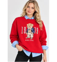 Kadın Beyaz Teddy Nakışlı Bisiklet Yaka Sweatshirt - Peluş Kabartma Nakış Detaylı Rahat Kesim Sweat-