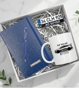 Arabacılara Özel Kişiye Özel Hediye Seti (Araç Plaka Anahtarlık & Kupa & Mavi Defter & Touchpen)