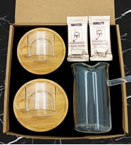 Bambu Tabaklı Cam Fincan Takımı & Cam Cezve & Türk Kahvesi Hediye Seti