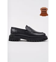 Muggo PARADİSE Hakiki Deri Kalın Taban Günlük Casual Makosen Kadın Loafer Ayakkabı (Siyah)