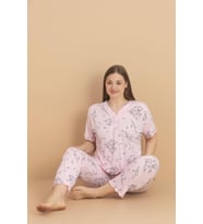 Pijamerry Kadın Büyük Beden Dantel Yaka Bambu Kısa Kol İnce Pijama Takımı 5989 - 1 Adet (Pembe)