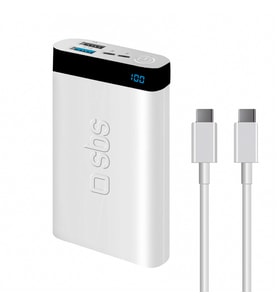 Sbs İntelligent Fast Charge 10.000mAh 2xUsbA + Type-C Çıkışlı Led Göstergeli 2M Type-C to Type-C Kablolu Powerbank Beyaz