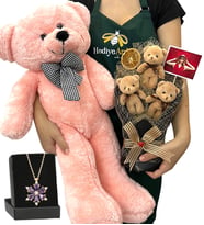 Fotoğraflı 3'lü Peluş Ayıcık Buketi, Gerçek Ametist Taşlı Lotus Kolye ve Pembe Ayıcık (Model 1)