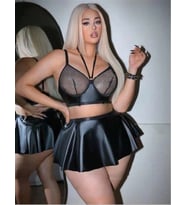 Amora Secret Büyük Beden Siyah Deri Görünümlü Fileli Etekli Fantezi Takım