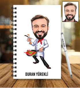 Kişiye Özel Aşçı Tasarımlı Karikatür Ahşap Defter Ve Kalem Seti 74