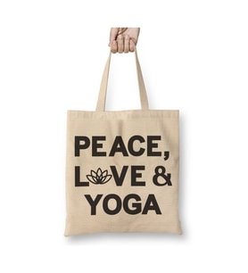 Peace Love & Yoga Beyaz Bez Çanta Uzun Saplı Alışveriş Çantası Plaj Çantası