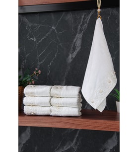 % 100 Pamuklu Kadife Güpürlü İnci Işlemeli 6 lı Çeyizlik El Yüz Havlu Seti - 30x50 cm - 04466 - Beyaz (Karışık)