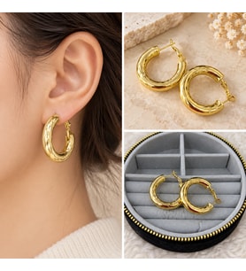 Premium Parlak ve Şık Gold Renk Dokulu Bombeli Küçük Boy 316L Çelik Halka Kadın Küpe