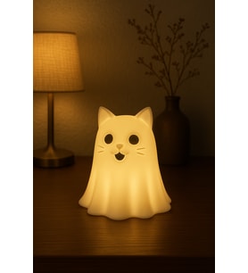 Sevimli Hayalet Kedi LED Gece Lambası, Dekoratif Masa Işığı (Krem)