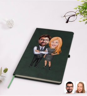 BK Gift Kişiye Özel Sevgililer Karikatürlü Yeşil Termo Deri Defter Model 100