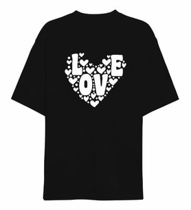 14 Şubat Sevgililer Günü Love Kalp Baskılı Oversize Bisiklet Yaka T-shirt - Siyah