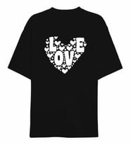 14 Şubat Sevgililer Günü Love Kalp Baskılı Oversize Bisiklet Yaka T-shirt - Siyah