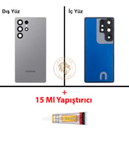 Samsung S25 Ultra Gri Arka Pil Kapağı Batarya Kapağı Lazer Kesim + B-7000 Yapıştırıcı