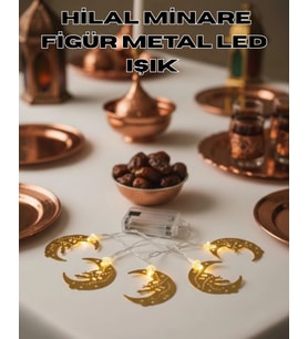 Minareli Hilal LED Işık Gold Metal Gövdeli Pilli Ramazan Dekoru