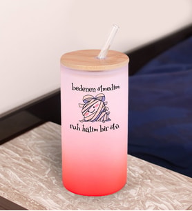 BK Gift Esprili Tasarım Kırmızı Renk Pipetli Buzlu Cam Bardak 600ml - 9, Arkadaşa Hediye, Doğum Günü Hediyesi