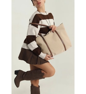 Çift Saplı Paraşüt Kumaş Büyük Boy Shopper Çanta Üniversite Ofis Anne Bebek Omuz Çantası (47x30x15) (Krem)
