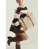 Çift Saplı Paraşüt Kumaş Büyük Boy Shopper Çanta Üniversite Ofis Anne Bebek Omuz Çantası (47x30x15) (Krem)