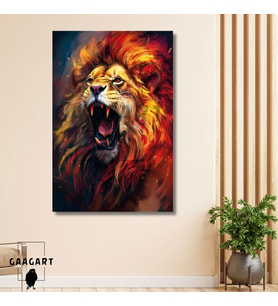 Tekli Dikey Kanvas Duvar Tablosu Sarı Kırmızı Aslan Portresi