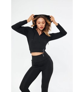 Lesa Wear Fitilli Kapüşonlu Içi Polarlı Yumuşacık Şardonlu Kaşkorse Crop Sweatshirt Hırka (Siyah)