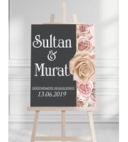 Söz Nişan Düğün İçin 50x70 Karşılama Panosu - Siyah ve Pembe Çiçek Tasarımlı