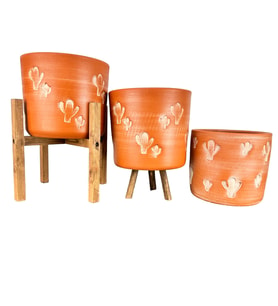 Bitki Tasarımı Ev Dekorasyon Aksesuar Kaktüs Desenli Toprak Saksı Saksılık Salon Çiçeklik Üçlü Set - 19 CM